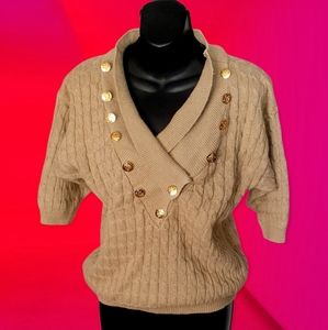ANGENIE Neutral Tan Oversize Slouchy Short Sleeve Cable Knit Sweater